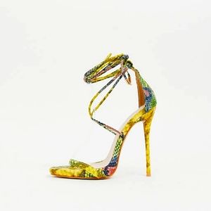 Simmi London Shania Yellow Snakeskin Ankle Tie Heeled Sandal